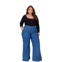 Calça jeans Feminina Wide Leg Plus Size com lycra Cintura Alta