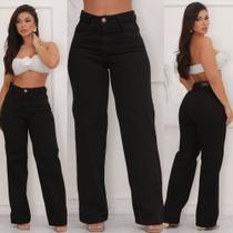 Calça Jeans Feminina Wide Leg Preta Moda Gringa Cintura Alta Levanta Bumbum Premium