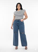 Calça Jeans Feminina Wide Leg Preta Rasgada Plus Size Lycra