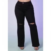 Calça Jeans Feminina Wide Leg Preta Rasgada Plus Size Lycra