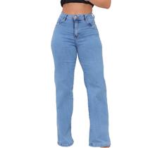 Calça Jeans Feminina Wide Leg Reta Pantalona Levanta Empina Bumbum Bolsos Trabalho Casual