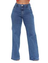 Calça Jeans Feminina Wide Leg Reta Pantalona Levanta Empina Bumbum Bolsos Trabalho Casual