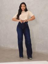 Calça Jeans Feminina Wide Leg Reta Pantalona Levanta Empina Bumbum Bolsos Trabalho Casual