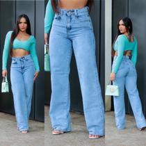 Calça jeans feminina wide leg sky pantalona cintura tecido premium ref: 0004 - Paradise Modas