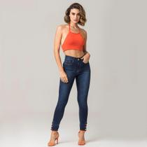 Calça Jeans Feminina Zune Skinny Lisa Escura Botões Moderna