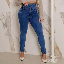 Calça jeans feminino cos largo 3 botão elastico sky fuan bolso Calça jeans feminino cos largo 3 botão elastico sky fuan bolso