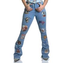 Calça Jeans Feminino Delavê Western Design Moda Country Estampada Brilhos Strass Texas Ranch Calça Jeans Feminino Delavê Western Design Moda Country Estampada Brilhos Strass Texas Ranch