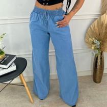 Calça jeans feminino pantalona elástico na cintura boca larga flare estilosa boyfriend