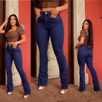 Calça Jeans Flare com lycra cintura alta tendência boca larga lisa escura