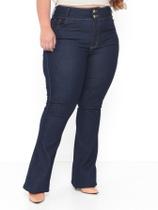 Calça Jeans Flare Plus Size azul escuro carbono cintura alta com bolso e com lycra lançamento