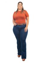 Calça Jeans Flare Plus Size, Azul Escuro, Com Cinto Calça Jeans Flare Plus Size, Azul Escuro, Com Cinto