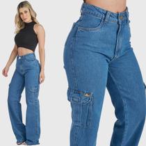 Calça Jeans HNO Jeans Wide Leg Cargo Bolso Lateral Azul