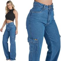 Calça Jeans HNO Wide Leg Cargo Bolso Lateral Azul