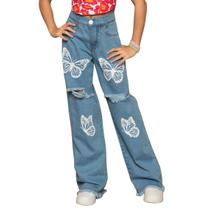 Calça Jeans Infantil Feminina Wide Leg Estampa de Borboleta Premium