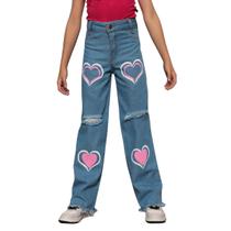 Calça Jeans Infantil Feminina Wide Leg Modelo Blogueira Estampado Barra Desfiada