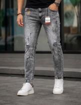 Calça Jeans Jogador Masculina Skinny Rasgado Cinza Escuro Calça Jeans Jogador Masculina Skinny Rasgado Cinza Escuro
