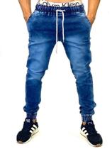 calça jeans jogger masculina jeans rasgado, sarja com elastico e bolso