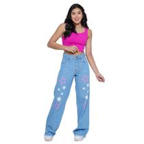 Calça Jeans Juvenil Feminina Wide Leg Estampada com Barra Desfiada