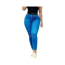 Calça Jeans Lápis Feminina De Cintura Alta, Ajuste Slim, Com Rasgos Nos Joelhos, Confortável Para
