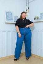 Calça jeans lavagem escuro wide leg plus size pantalona lisa premium ref:0053