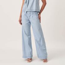 Calça Jeans Leve Wide Leg Pregas E Recortes Azul Claro