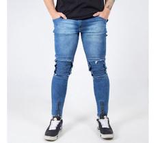Calça Jeans Masculina Com Ziper No Punho Skinny Rasgada