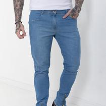 Calça Jeans Masculina Mega Skinny Délavé Premium com Zizer Barra Power Elastano Premium Azul