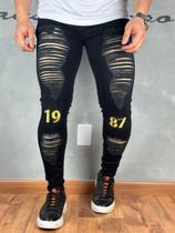 Calça Jeans Masculina Preta Rasgada Bordado 1987 Calça Jeans Masculina Preta Rasgada Bordado 1987
