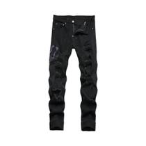 Calça Jeans Masculina Preta Slim Reta Com Bordado De Cobra, Rasgada E Desgastada, Estilo Streetwear