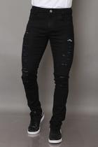 Calça Jeans Masculina Sarja Skinny Preta Detalhe Rasgo Luxo