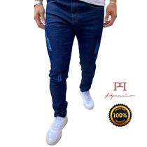 Calça Jeans Masculina Skinny Escura Básica Com Puídos Slim Elastano