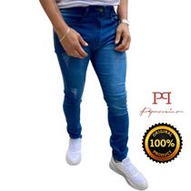 Calça Jeans Masculina Skinny Lavagem Média Básica Slim Fit Com Puídos Destroyed e Elastano