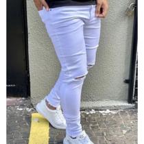 Calça jeans masculina skinny slim sarja lycra rasgada joelh