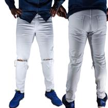 Calça jeans masculina skinny slim sarja lycra rasgada joelh