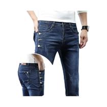 Calça Jeans Masculina Slim Fit Preta, Estilo Coreano, Com Vários Botões, Skinny, Streetwear