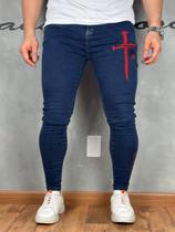 Calça Jeans Masculina Super Skinny Cristã JST Bordado 4k