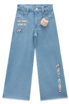 Calça Jeans Menina Wide Leg Estampada Detalhe Urso Infanti