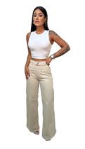 Calça Jeans Modelo Wide Leg Com Cinto Pantalona Feminina Cor Nude