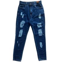 Calça Jeans Mom Cintura Alta Destroyed Feminina Premium Moda Wide Leg Luxo