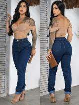 Calça Jeans Mom Feminina Casual Bolsos Barra Dobrada