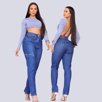 Calça jeans Mom Feminina Cintura Alta Boca Larga 100% Algodao Luxo