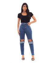 Calça Jeans Mom Feminina Cintura Alta Detalhe Ilhós e Rasgo 20934 Unica