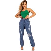 Calça jeans Mom Feminina Cintura Alta e Detalhes Rasgado com Bolso Linha Premium