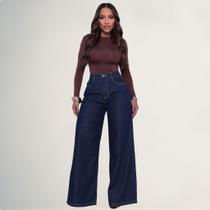 Calça Jeans Pantalona Feminina Cintura Alta 100% Algodão - Calça Jeans Pantalona Feminina Cintura Alta 100% Algodão -