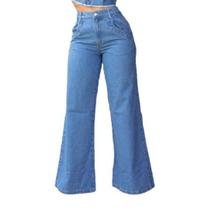 Calça Jeans Pantalona Feminina com Detalhe No Bolso Tendência