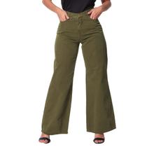Calça Jeans Pantalona Flare Wide Leg Cintura Alta Tendencia Blogueira Verde 100% Algodão