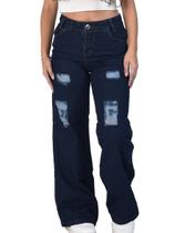 Calça jeans pantalona wide leg de menina com destroyed 10 a 16 anos ESCURA