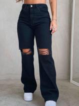 Calça Jeans Para Meninas Wide Leg Rasgada No Joelho Fashion