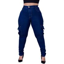 Calça Jeans Plus Size Cargo Skinny Feminina Cintura Alta