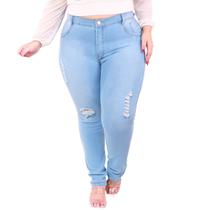 Calça jeans plus size clara cintura alta levanta bum bum com detalhes rasgado